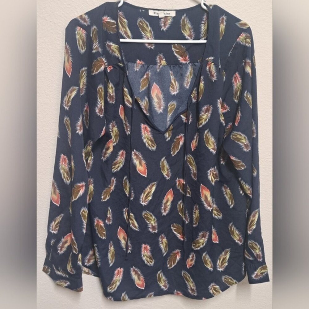 Black Rainn Feather Print Blouse Women XL Blue Boho Long Sleeve Peasant Top
